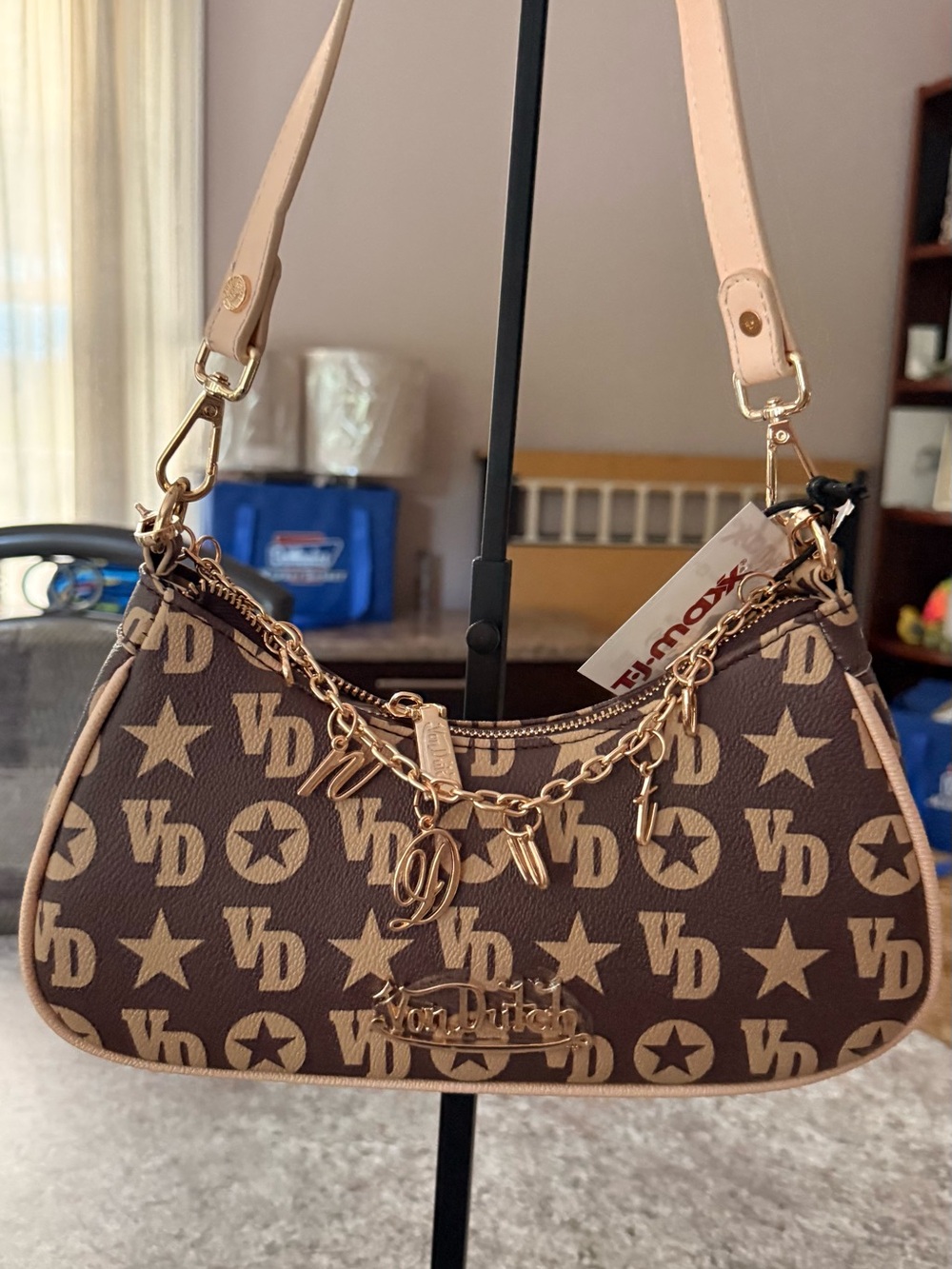 Von Dutch Brown and Tan Logo Shoulder Bag with Gold Accents